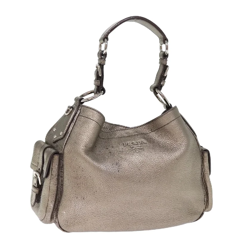 PRADA Shoulder Bag Leather Silver Auth ep4586