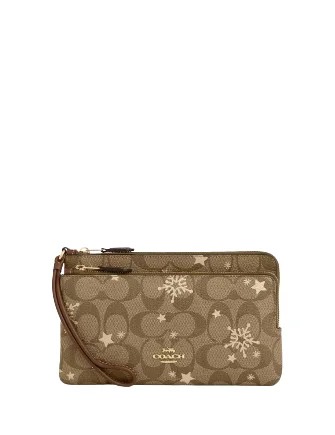 Coach Double Zip Wallet In Signature Canvas With Star And Snowflake Print