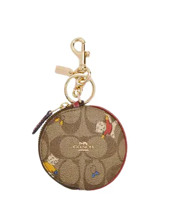 Coach Circular Coin Pouch In Signature Canvas With Cat Mittens Print