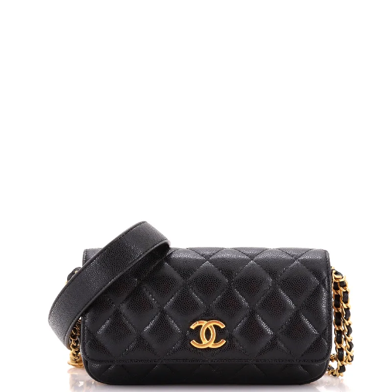 Twist Your Buttons Flap Clutch with Chain Quilted Caviar