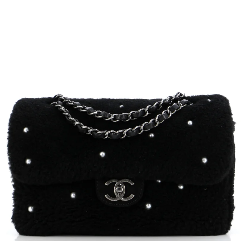 CC Chain Flap Bag Pearl Embellished Shearling Medium