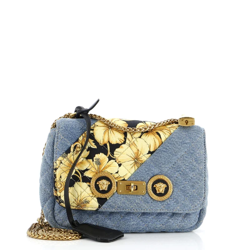 Medusa Padlock Icon Flap Bag Quilted Printed Denim Small