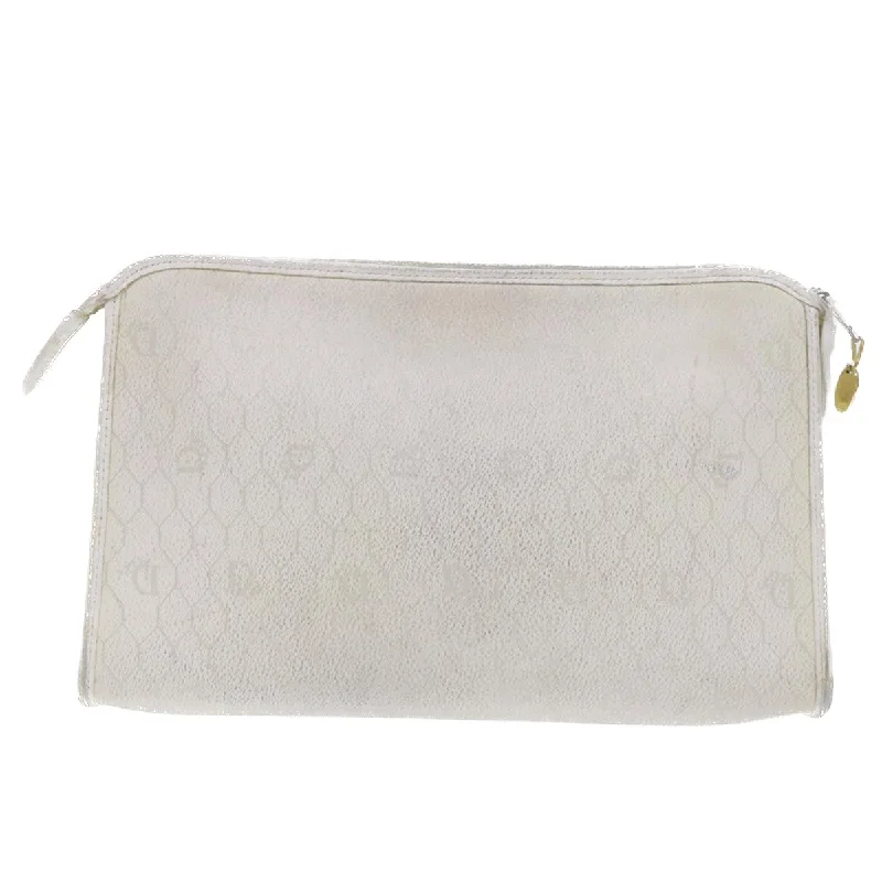 Christian Dior handbags with a detachable mirror for on - the - go touch - upsCHRISTIAN DIOR Honeycomb Canvas Clutch Bag White Auth am4852