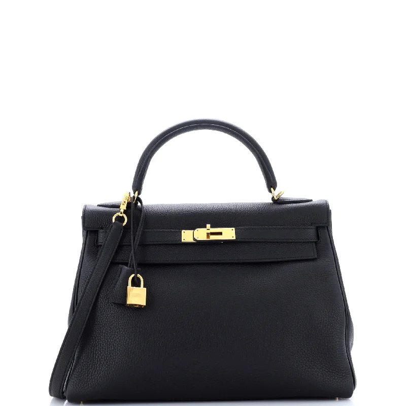 Kelly Handbag Noir Clemence with Gold Hardware 32