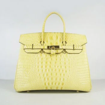 Hermes Birkin 35cm Crocodile Head Veins Handbags Yellow Golden