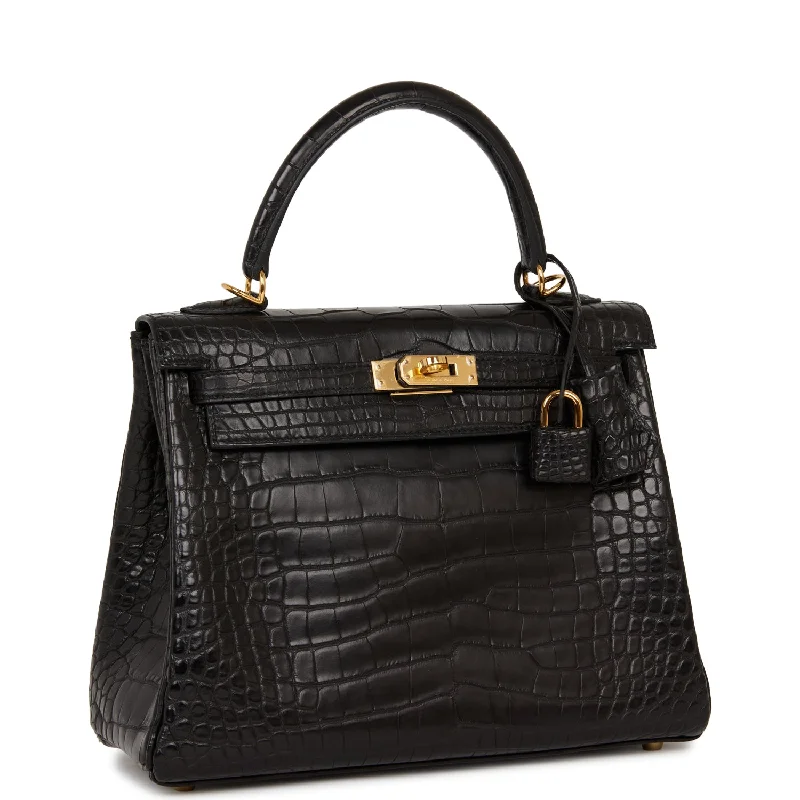 Hermes Kelly Retourne 25 Black Matte Alligator Gold Hardware