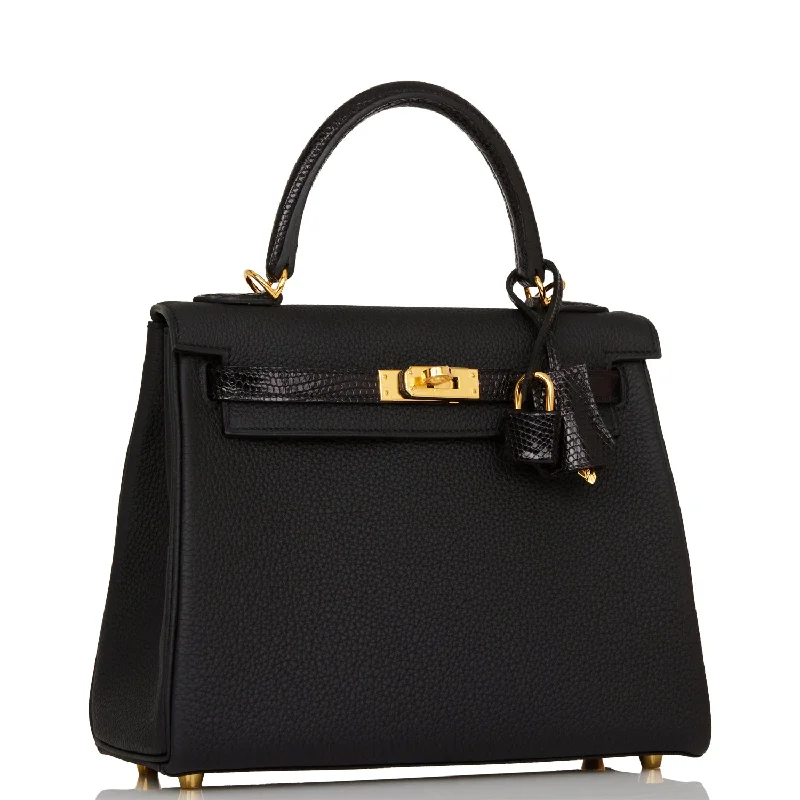 Hermes Kelly Retourne 25 Black Togo and Lizard Touch Gold Hardware