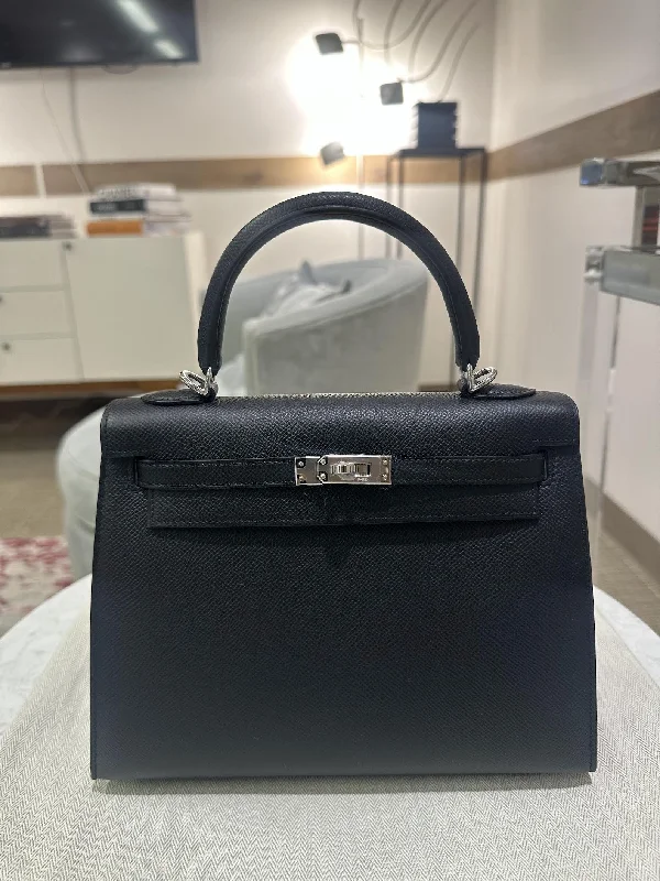 Hermes Kelly Sellier 25 Black Epsom Palladium Hardware