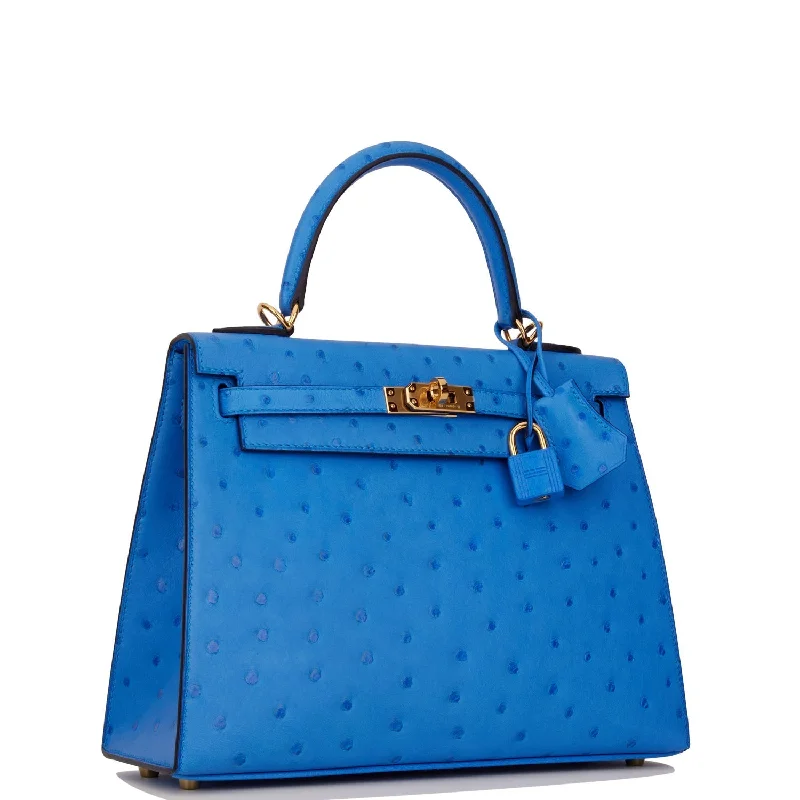 Hermes Kelly Sellier 25 Bleuet Ostrich Gold Hardware