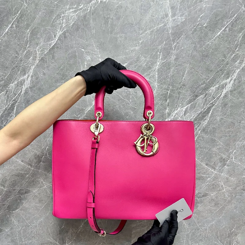 Christian Dior handbags with a detachable mirror for on - the - go touch - ups*Like new* Diorissmo Lady Large Calfskin Pink Fuchsia GHW