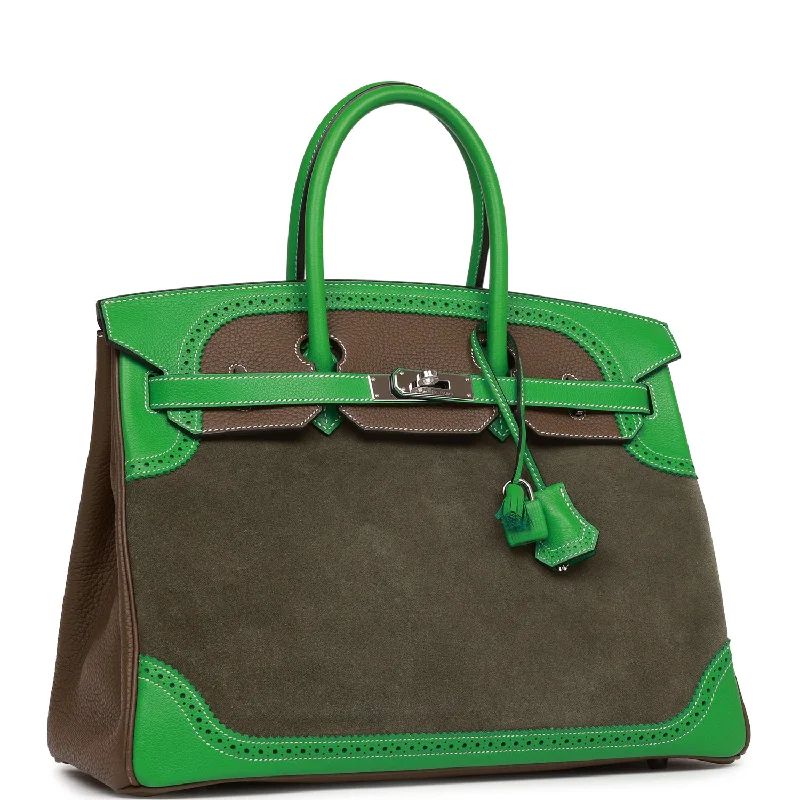 Hermes Grizzly Ghillies Birkin 35 Vert de Gris, Bambou and Taupe Doblis Palladium Hardware