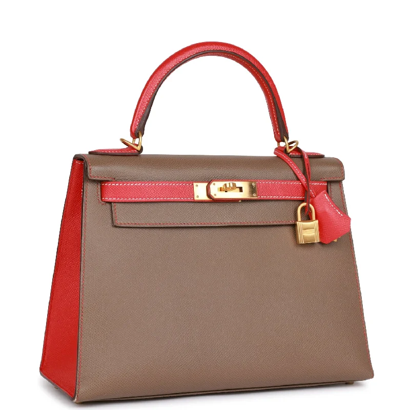 Top Quality Hermes Special Order (HSS) Kelly Sellier 28 Etoupe and Rouge Tomate Epsom Brushed Gold Hardware